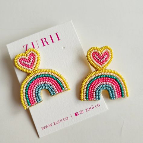 New Product Launch. Rainbow hearts earrings are now available on our website www.Zurii.ca Beaded Embroidery Earrings, Handmade Earings, Embroidery Earrings, Diy Earrings Easy, New Product Launch, Hearts Earrings, Diy Crafts Love, Beads Craft Jewelry, Diy Bead Embroidery