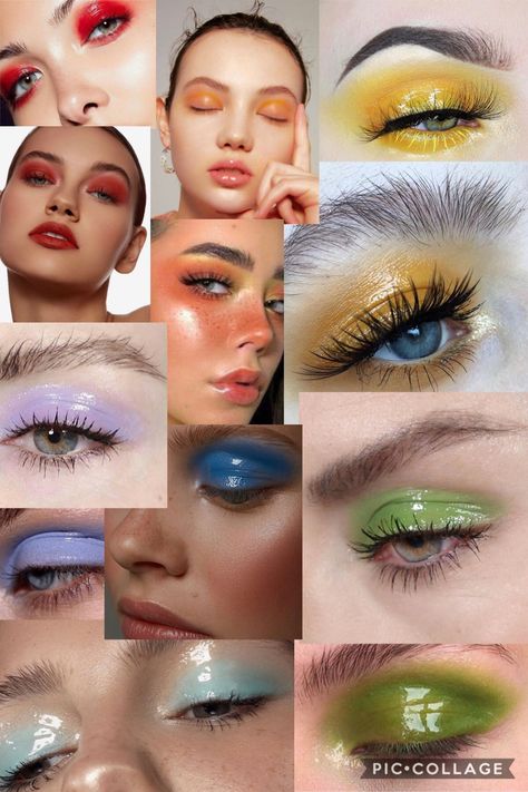 rainbow makeup glossy lid eye mood board collage Glossy Lids Eye Makeup, Glossy Eye Makeup Look, Mood Boards Makeup, Modern Archetype Makeup, Makeup Mood Board Inspiration, Makeup Collage Aesthetic, Glossy Lid Eye Makeup, Eurovision Makeup, Mood Board Makeup