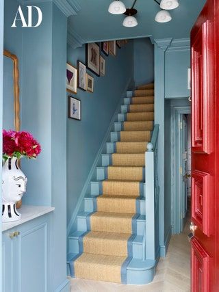 Hall Wall Colour, Blue Hallway Ideas, Blue Hallway, Hallway Paint, Wall Color Combination, Hallway Colours, Wall Colour, Hallway Designs, London Home