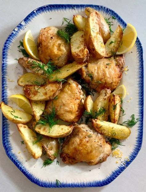 Credit: Olivia McCool Credit: Olivia McCoolIf you’ve ever been to a Greek restaurant and ordered potatoes with lemon and oregano, you know exactly the deliciousness we’re going for here. Garlic, lemon, dill, and oregano add tons of flavor to a simple chicken and potatoes dinner, and, thanks to the air fryer, everything’s crispy-crunchy.You’ll start by marinating the chicken in olive oil, salt, garlic, and lemon zest. The salt works double duty here, creating extra-juicy m Greek Chicken Potatoes, Air Fryer Greek Chicken, Greek Chicken And Potatoes, Making Baked Potatoes, Potato Dinner, Chicken And Potatoes, Air Fryer Chicken Wings, Airfryer Recipes, Lemon Dill