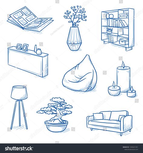 Set of furniture shop and decoration objects as lamp, sideboard, sofa, bean bag, bonsai, photo album and book  #Ad , #affiliate, #bean#sofa#sideboard#photo Axonometric Furniture Drawing, Bean Bag Drawing Reference, Furniture Line Drawing, Furniture Drawing Reference, Drawing Furniture Interior Design, Bean Bag Illustration, How To Draw Furniture, Bean Bag Drawing, Shelf Sketch