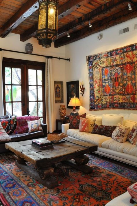 Discover 29 colorful Moroccan boho living room ideas. Infuse your space with vibrant colors, intricate patterns, and rich textures. Incorporate Moroccan rugs, lanterns, and artisanal decor. Blend bohemian charm with Moroccan flair to create a lively, exotic, and inviting living room that reflects a unique and spirited style. Living Room Decor Moroccan Style, Moroccan Rug Decor, Morracan Room Ideas, Moroccan Interior Design Living Room, Morrocan Interiors, Mexican Living Room Decor Hacienda Style, Moroccan House Interior, Moroccan Living Room Ideas, Morocco Living Room