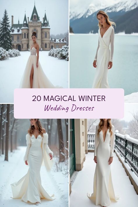 Planning your perfect winter wedding? These 20 magical winter wedding dresses will inspire you to become the snow princess of your dreams. From a simply elegant silk gown to a long-sleeved wrap dress that provides cozy comfort during those chilly ceremonies, we have something for every bride. Imagine twirling in a stunning satin mermaid gown with a beautiful shawl or shining in a chic crepe gown. Let these winter bridal gown ideas ignite your creativity and help you choose an outfit that's perfect for a dreamy winter wedding day. Long Sleeve Winter Wedding Dress, Winter Elopement Dress, Snow Wedding Dress, Winter Wedding Dress Ideas, Winter Wedding Dress Fur, Bridal Gown Ideas, Small Winter Wedding, Satin Mermaid Gown, Winter Wedding Bride