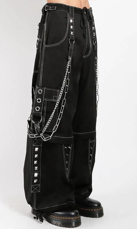 Pants Into Shorts, Goth Pants, Rave Pants, Tripp Pants, Demonia Shoes, Black And White Pants, Tripp Nyc, Baggy Clothes, Silver Chains