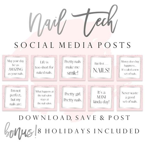 "Gorgeous ready-to-use set of 86 Nail Tech Instagram Quotes Posts. *  I N C L U D E S  * * 43 JPG Quote Posts sized 1200X1200 * 31 Nail Related Quotes  * 3 Business Posts: On Vacation, Gift Certificates Available and Appointment Available - Book Now * 8 Holiday Posts *  H O W  I T  W O R K S  * * After your payment has been confirmed, you will receive an email with a download link. * Download your zip file from the Etsy Email or from your Etsy \"Purchases & Reviews\". * The zip file contains all quote posts and must be downloaded to a computer or laptop. * Then extract or unzip the file and transfer quote posts to your phone or tablet. * Post your shiny new Instagram Posts! *  P L E A S E  N O T E  * * This is a digital listing and no items will be mailed. * These are ready to use files. * Nails Page Name Ideas For Instagram, Bio For Nails Page, Nail Tech Name Ideas Aesthetic, Nail Post Quotes, Nail Appointments Available Posts, Nail Salon Quotes Marketing, Instagram Content Ideas Nails, Nail Tech Deals, Nail Tech Instagram Usernames