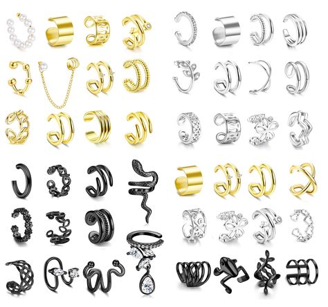 PRICES MAY VARY. EAR CUFF SET-Package Include 47PCS Ear Cuff in 3 Colors, 16PCS Gold Tone Ear Cuff, 16PCS Silver Tone Ear Cuff, 15PCS Black Tone Ear Cuff. Hollow Cuff Earrings, Cross X, Snake Fake Earring, Claw Cuff Earrings, CZ Cartilage Earrings, etc. Delicate Appearance and Trendy Design. You Can Try Different Ear Cuff Everyday. NON PIERCED EARRINGS-Non Piercing Design, No Pains and Irritation Caused by Other Piercing Rings, Perfect for Non Pierced Ears. The Ear Clips Just Clip on Ears, Also Fake Cartilage Piercing, Piercing Clip, Piercing Rings, Earrings Snake, Earrings Cross, Fake Earrings, Fake Nose Rings, Fake Nose, Conch Earring