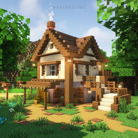 How to build a cozy farmhouse with interior, watch it on Youtube @ferngirlmc :) Farmhouse Minecraft, Minecraft Farm House, Minecraft Barn, Minecraft Starter House, Modern Minecraft Houses, Minecraft Houses Survival, Rumah Minecraft Sederhana, Minecraft Houses Blueprints, Minecraft Structures