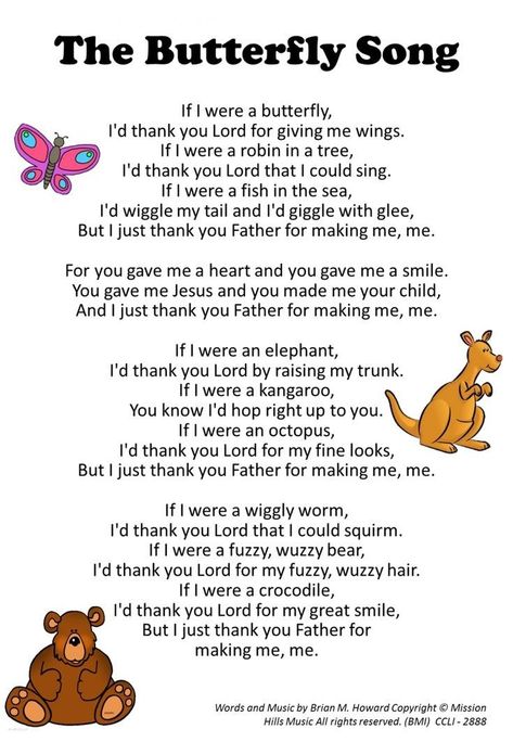 If I Were A Butterfly Song Lyrics, Kids Church Songs, Children's Church Songs, Childrens Bible Songs, Butterfly Song, Bible Songs For Kids, Sunday School Songs, Church Songs, Children Church