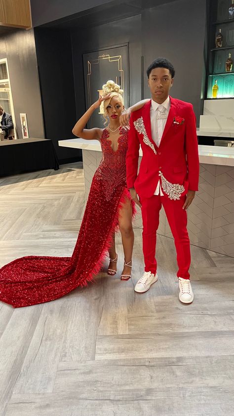 Prom Inspiration Black Couple, Red Prom Dresses Couple, Red And Black Prom Couples Outfit, Silver And Red Prom Couple, Red Prom Ideas For Couples, Prom Red Couple, Prom Ideas Black Couples Red, Red Prom Pictures Couples, Red Prom Couple Outfit Black