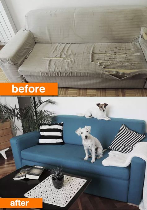 Before & After: An Unbelievable (& Adorable) Sofa Save |  Originally this was a sofa bed you could stretch out. It now has  a designed frame and the covers so you can take off the covers and wash them in the washing machine. This is especially important for pet owners like us. Part of the project was paying to restuff it, and now the blue couch makes a huge difference in the space. How To Make Sofa, Cheap Sofa, Blue Couch, Cheap Sofas, Blue Couches, Old Sofa, Easy Cheap, Games For Teens, Tiny Spaces