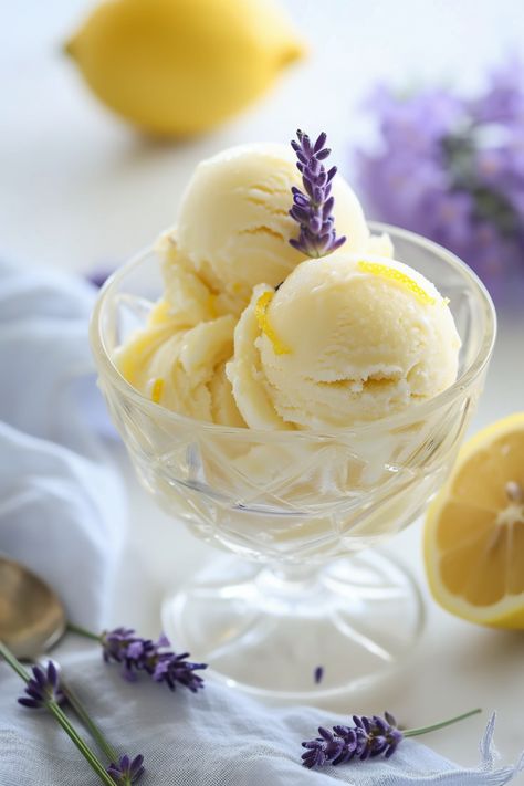 Lemon Lavender Sorbet - Cooking Mediterranean Lemon Lavender Ice Cream, Lavender Sorbet, Lemon Ice Cream Recipe, Lemon Sorbet Recipe, Lavender Dessert, Mediterranean Desserts, Flavored Alcohol, Sorbet Is, Lavender Ice Cream