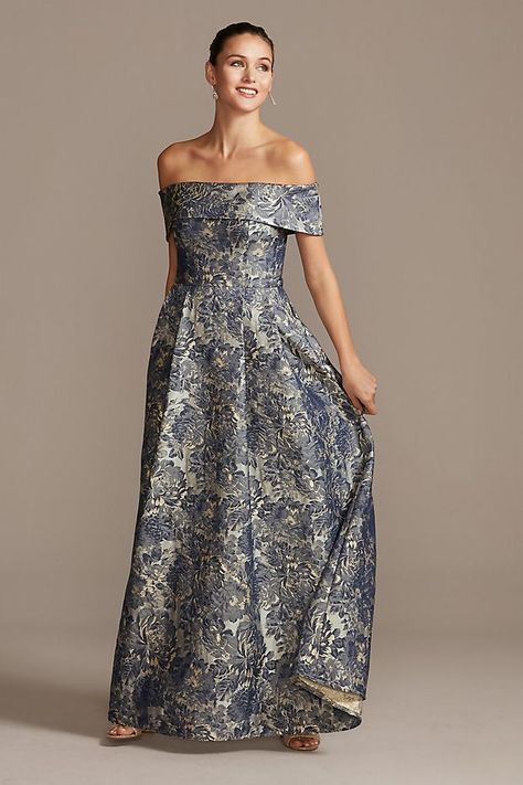 Off the Shoulder Fold Floral Jacquard Gown | David's Bridal Jacquard Mother Of The Bride Dress, Fall Mother Of The Bride Dresses Classy, Mother Of The Bride Outfits Classy, Long Mothers Dress, Summer Mother Of The Bride Dresses, Mother Of Groom Outfits, Vestido Strapless, Jacquard Gown, Bhldn Bridesmaid