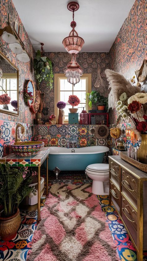 Maximalist Bathroom, Boho Style Bathroom, Boho Bathroom Ideas, Bohemian Bathroom, Boho Bathroom Decor, Boho Style Decor, Eclectic Bathroom, Boho Shower Curtain, Vintage Bathrooms