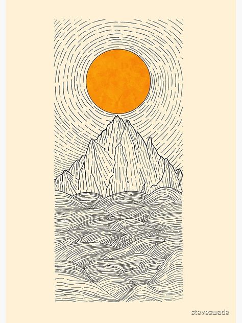 "The sun over the mountain waves" Art Print by steveswade | Redbubble Natural Design Elements, Sunrise Line Art, Sun Texture Art, Sun Light Tattoo, Lines Art Drawings, Fine Line Art Drawings, Line Art Drawings Doodles, Line Art With Color, Packaging Art Prints