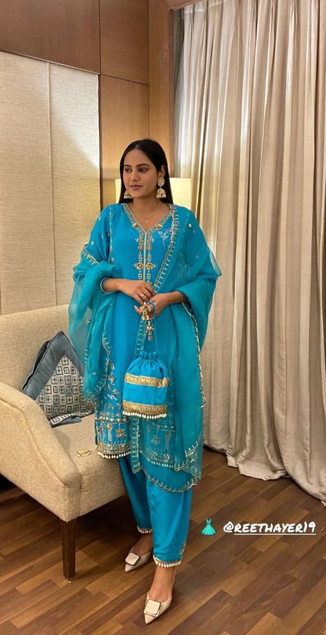 Firozi Colour Suit, Blue Punjabi Suit, Harshdeep Kaur, Baani Sandhu, Heavy Suits, Ladies Suit Design, Blue Sharara, Designer Suits For Wedding, Amrapali Jewellery