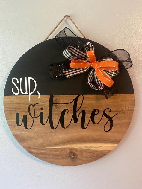 Cute 14" door sign for fall or Halloween. Sup, witches decor with a festive handmade bow. Sup Witches Door Hanger, Witch Door Decoration, Witches Door, Witches Decor, Witch Door, Western Wreaths, Camp Games, Hanger Ideas, Witch Signs