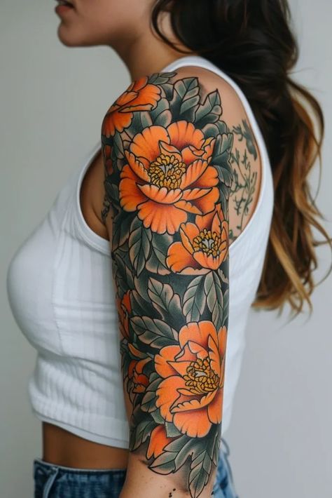 Meaning Of Carnation Flower Tattoo | 200+ Carnation Flower Tattoo Designs Marigold Sleeve Tattoo, Carnation Flower Tattoo Traditional, Mexican Floral Tattoo, Mexican Flowers Tattoo, Cactus Tattoo Sleeve, Crisanthiums Flower Tattoo, Orange Flower Tattoo, Neotraditional Sleeve, Cactus Flower Tattoo