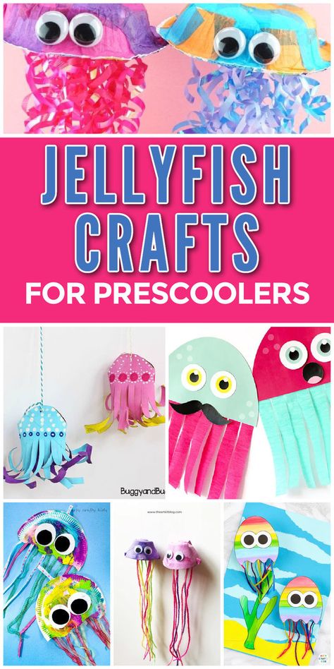 These jellyfish crafts for preschoolers are great if you want to explore ocean animals. Make any of these crafts on a hot summer day when the weather doesn't allow you to go to the beach and you are looking for a summer indoor activity for kids. Use simple materials such as paper, paper bowls, paper plates and yarn. Some of these jellyfish crafts come with free printable templates. Fun under the sea animal crafts if you are looking for summer camp crafts. Jellyfish Crafts, Ocean Kids Crafts, Paper Plate Jellyfish, Jellyfish Kids, Sea Animal Crafts, Ocean Animal Crafts, Under The Sea Crafts, Colorful Jellyfish, Jellyfish Craft