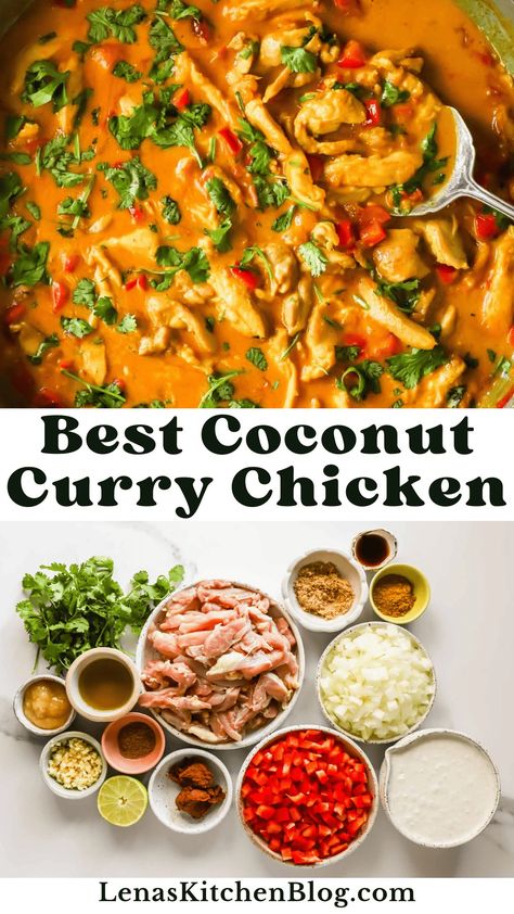 This coconut curry chicken is creamy, comforting, and flavor-packed! Tender chicken pieces are bathed in a sauce featuring rich coconut milk and zesty curry spices. This recipe is versatile enough to pair with rice, bread, or vegetables, perfect for a family dinner or a special occasion. Thai Coconut Curry Chicken, Chicken Breast Curry, Creamy Coconut Curry, Coconut Curry Chicken Recipes, Red Curry Recipe, Coconut Curry Recipes, Coconut Milk Chicken, Coconut Curry Sauce, Curry Recipes Indian