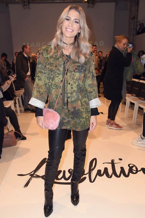 Mrs Bella attends the Marcel Ostertag show Mrs Bella, Fashion Week Berlin, Berlin Fashion Week, Schmidt, Military Jacket, Mercedes Benz, Leather Pants, Berlin, Fashion Week