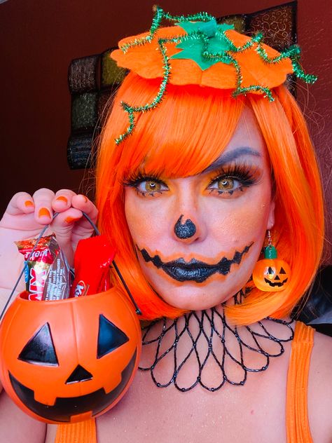 Scary Pumpkin Head Costume, Pumpkin Women’s Costume, Plus Size Pumpkin Costume, Halloween Costume Ideas Orange Hair, Orange Wig Halloween Costume, Pumpkin Costumes For Women, Pumpkin Custome Halloween Women, Pumpkin Face Costume, Makeup For Pumpkin Costume