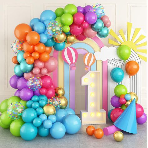 PRICES MAY VARY. 🌈 Rainbow Neon Balloon Arch Garland Kit - This 83pcs 5 inch/10 inch/12 inch latex balloons pack include 12 inch balloons (light blue x5, purple x5, rainbow confetti*6), 10 inch balloons (orange x5, hot pink x5, teal x5, lime green x5, dusty pink x5, gold metallic x5, green metallic x5), 5 inch balloons (light blue x5, purple x5, orange x5, hot pink x5, teal x5, lime green x5), 16ft balloon strip tape (1 roll), 100pcs glue dot (1 roll). 🌈 Premium & Durable Materials - This brig Summer Birthday Party Decorations, Rainbow Balloon Arch, Kids Carnival, Rainbow Theme Party, Celebration Decor, Summer Birthday Party, Rainbow Balloons, Rainbow Theme, Colourful Balloons