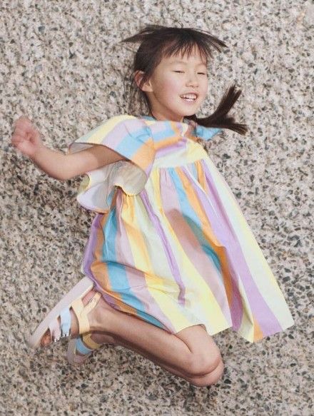 Stella Kids, Angel Sleeves Dress, Cotton Jersey Dress, Dress For Girls, Pink Brand, Print Placement, Stella Mccartney Kids, Wide Sleeves, Rainbow Stripes