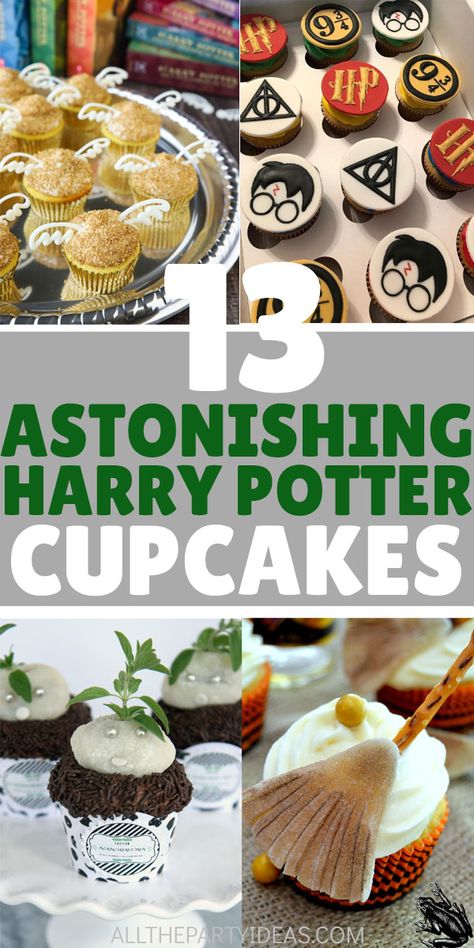 Best HARRY POTTER CUPCAKES for kids, teens, adults, both boys and girls. How to make simple DIY Harry Potter sweets, desserts for birthday party, baby or bridal shower, wedding, or Halloween nerd friends. Sorting hat, Gryffindor, Slytherin, Ravenclaw, Hufflepuff Hogwarts house colors, Hedwig owl, mandrake, golden snitch, unicorn, broom, wand, glasses, spell books, other ideas. Pull apart or baking tower display. Free printable toppers, liners, wrappers. See food recipes with pumpkin pasties, etc Harry Potter Pull Apart Cupcakes, Desserts For Birthday Party, Harry Potter Cupcakes Ideas, Mandrake Cupcakes, Harry Potter Sweets, Harry Potter Motto Party, Harry Potter Cupcake Toppers, Harry Potter Desserts, Cupcakes For Kids