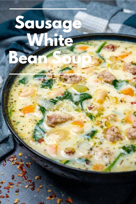 Hearty sausage and creamy white beans come together in this soup, offering a delightful dining experience that's ideal for cool nights. Sausage White Bean Soup, Sausage And White Beans, White Bean Sausage Soup, Sausage And White Bean Soup, Sausage White Bean, Bean And Sausage Soup, White Bean Recipes, Comfort Recipes, Sausage Soup Recipes