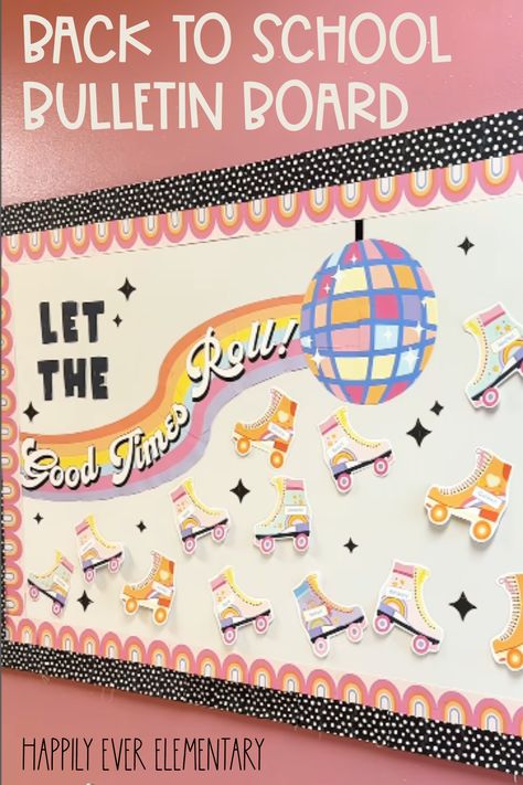 Get ready to roll back the years with this groovy Retro Bulletin Board Kit! Ideal for welcoming your students back to school, this bulletin board kit will set the perfect retro-cool tone to get everyone excited for the year ahead. Grab this "Let the Good Times Roll" bulletin board that is perfect for elementary school classrooms and offices alike. Retro Theme Bulletin Board, Welcome Back Board Ideas, Back To School Classroom Bulletin Boards, Groovy Retro Bulletin Board Ideas, Bulletin Board Ideas 3rd Grade, 90s Bulletin Board Ideas, Disco Classroom Theme Bulletin Boards, Retro Back To School Bulletin Board, Retro Classroom Bulletin Board