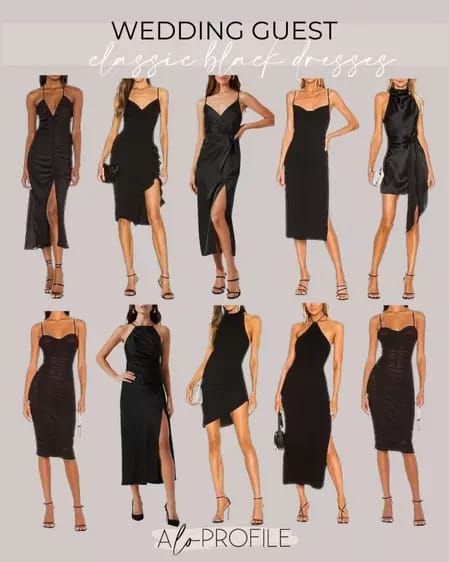 Guest At A Wedding Outfit, Black Guests Wedding, Short Black Wedding Guest Dress, Paris Wedding Guest Outfit, Semi Formal Black Wedding Attire, Classic Wedding Guest Outfit, Black Tie Wedding Guest Dress Spring Formal, Dark Wedding Guest Dress, Black Summer Wedding Guest Dress