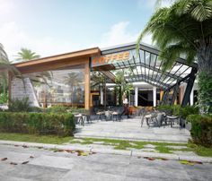 Coffee Shop Building Design, Welcome Center Architecture, Restaurant Design Exterior, Coffee Shop Outside, Cafe Design Inspiration, Rooftop Restaurant Design, Restaurant Exterior Design, Cafe Exterior, Restaurant Plan