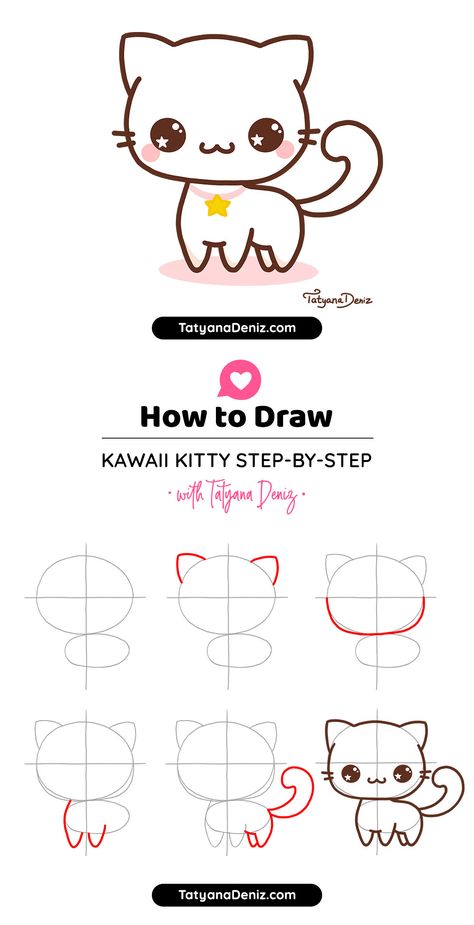 How to draw kawaii cat drawing tutorial Cute Cat Drawing Easy, Draw Kawaii, Simple Cat Drawing, Kawaii Cat Drawing, Cat Drawing Tutorial, Family Bike, Cat Steps, Easy Drawing Tutorial, Images Kawaii