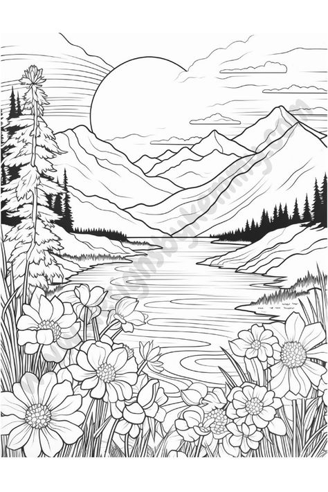 Calm your mind with flower landscape coloring pages! 30+ floral designs for all ages. Perfect for adults, kids, and anyone who loves to color. #coloringpages #flowers Coloring Pages Landscape Scenery, Nature Colouring Pages, Coloring Pages Landscape, Pretty Coloring Pages, Scenery Coloring Pages, Nature Coloring Pages, Landscape Coloring Pages, Interior Architecture Sketch, Coloring Pages Nature