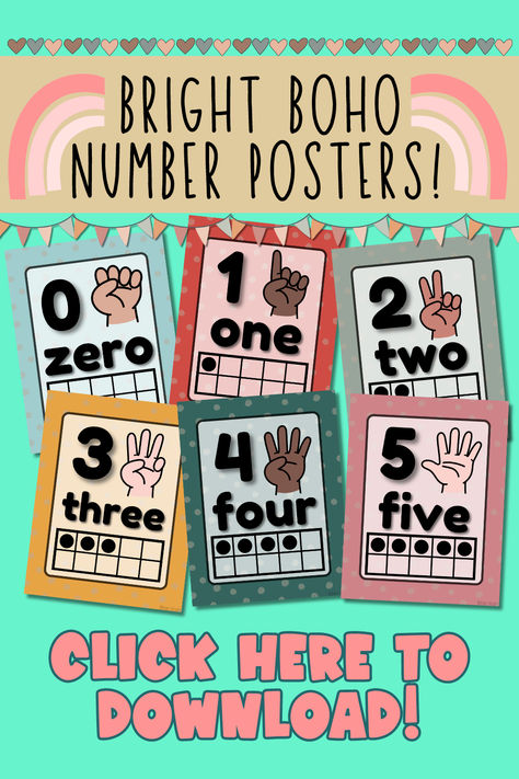 Elevate your classroom decor with our stylish and educational Boho Themed Number Posters 0-20! Perfect for early learners, these posters feature vibrant, bohemian-inspired designs that will add a touch of charm to any learning space. Each poster includes a ten frame and visual representations with fingers for numbers 0-10, making it easy for students to grasp basic number concepts and improve their counting skills. Classroom Decor Calming, Camping Classroom, Number Posters, Bright Boho, Number Poster, Student Resources, Ten Frames, Ten Frame, Number Recognition