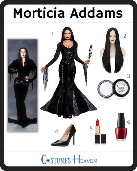 The Morticia Addams costume has become a favorite choice for many who like gothic aesthetics. Keep the Addams Family theme going at Halloween or your next cosplay event. #morticiaaddamscostume#morticiaaddams#costumesheaven#costumeguide#cosplayguide#costume#cosplay Morticia Addams Outfit Ideas, Morticia And Gomez Addams Costume Diy, Addams Family Musical Costumes, Addams Family Inspired Outfits, Morticia Addams Aesthetic Outfit, Morticia Addams Costume Diy, Diy Morticia Addams Costume, Morticia Addams Outfit, Morticia Aesthetic