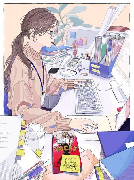 Anime Working Aesthetic, Cute Study Illustration, Animator Aesthetic, Anime Study Aesthetic, Studying Girl, Book Cover Artwork, Seni 2d, Japon Illustration, 캐릭터 드로잉