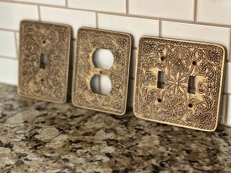 Ornate Light Switch Plates, Retro Light Switches, Vintage Office Decor Ideas, Gold Light Switch, Light Plate Covers, Switchplate Covers, Easy Home Improvement, Home Improvement Ideas, Outlet Plates