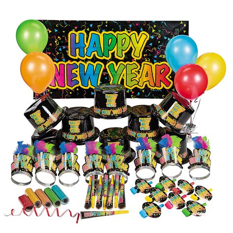 GETTING THIS FOR OUR PARTY!!!  Glow-in-the-Dark New Years Eve Party for 25 - OrientalTrading.com Glow In Dark Party, Party Horns, Happy New Year Message, Holiday Gift Baskets, Holiday Gift Card, New Year's Eve Party, Party Kits, New Year Party, Happy Year