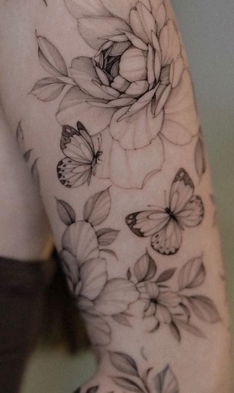 Half Sleeve Flowers And Butterflies, Floral Insect Sleeve Tattoo, Floral Sleeve With Butterflies, Dragon Fly And Butterfly Tattoo, Butterfly Arm Sleeve, Butterfly Garden Tattoo, Butterfly Floral Tattoo, Butterfly And Flowers Tattoo, Floral Butterfly Tattoo