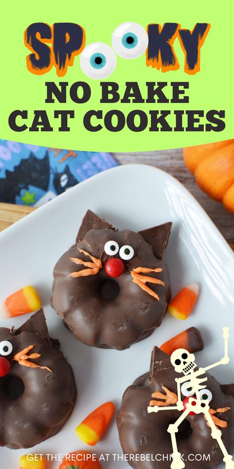 As cute as this No Bake Halloween Cat Cookies Recipe is, it looks better on a dessert table when paired with our No Bake Bat Cookies! #nobake #cookies #cat #cats #cookie #halloween #nobakedessert #dessert #halloweencookies #kidfood #easyrecipes Halloween Cat Cookies, Halloween Witch Hat Cookies, Bat Cookies, Easy Halloween Cookies Recipes, Grasshopper Cookies, Bake Halloween, Halloween Food Snacks, Easy Halloween Cookies, Halloween Cookie Recipes