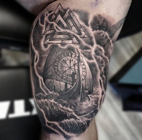 Awesome tattoo of Longship at sea by @j3ink Fancy getting one for yourself? #tattoos #awesometattoo #inkaddict #tattooedmen #inkedup #inkedmen #vikingtattoo #vikinginspired #vikingstyle #vikinginspired #thevikingway Upper Arm Tattoo Design, Viking Ship Tattoo, Ship Tattoo Sleeves, Valhalla Tattoo, Viking Tattoos For Men, Traditional Viking Tattoos, Warrior Tattoo Sleeve, Viking Warrior Tattoos, Sketchbook App