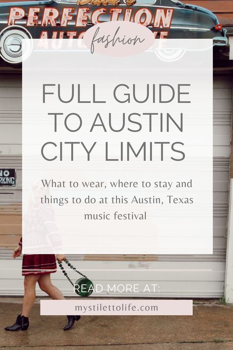 Looking for a complete guide to Austin City Limits including what to wear, where to stay and what to eat? My Stiletto Life rounds up chic music festival outfit ideas, the lineup for the festival and more. Follow for more casual chic outfits, travel guides and hotel recommendations. Texas Festival Outfit, Austin Trip Outfits, Austin Music Festival Outfit, Night Out In Austin Texas Outfits, What To Wear To Music Festival, Austin Tx Outfits Fall, Acl Outfit Ideas, Austin Style Fashion, Austin City Limits Festival Outfits