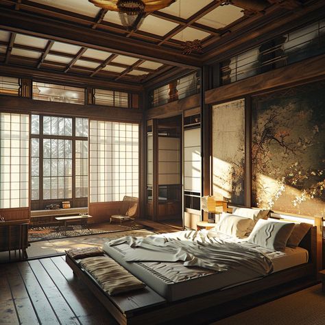 Luxurious modern Japanese bedroom with a low wooden bed frame and soft lighting. Earthy Modern Bedroom, Cozy Bedroom Neutral, Japanese House Interior, Modern Cozy Bedroom, Japanese Bedroom Design, Japanese Style Bedroom, Earthy Modern, Bedroom Neutral, Luxury Bedrooms