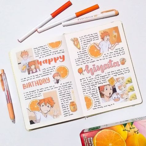 Orange Notes Ideas, Anime Notebook, Orange Notes, Bullet Journal Flip Through, Anime Journal, Happiest Birthday, Drawing Cartoon Faces, Bullet Journal Notes, Journal Spreads