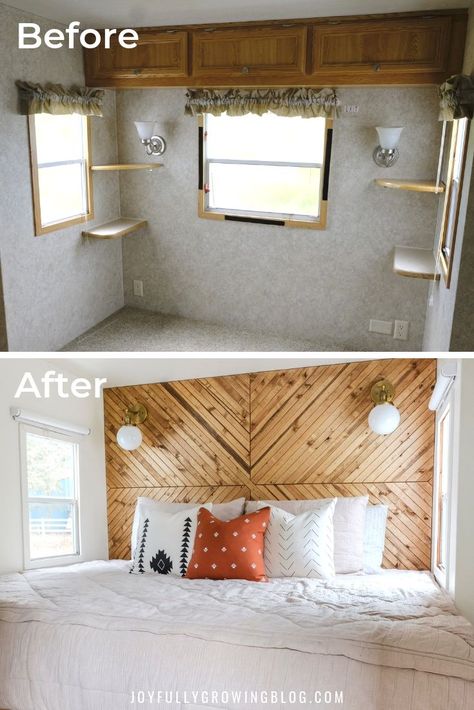 Rv Bedroom Remodel, Small Bedroom Decor Ideas, Rv Bedroom, Rv Interior Remodel, Camper Trailer Remodel, Vintage Camper Remodel, Small Rv, Diy Camper Remodel, Travel Trailer Remodel