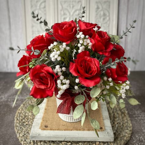 Red Rose Faux Flower Arrangement | Valentines Day Anniversary Birthday Gift Artificial Flower Arrangement | Dozen Roses Arranged Spiral Eucalyptus, Birthday Romantic, Red Rose Arrangements, Deep Red Roses, Summer Flower Arrangements, Rose Flower Arrangements, Winter Centerpieces, Dozen Roses, Dollar Eucalyptus