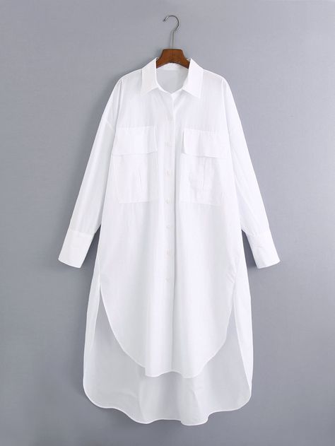 Flap Pocket High Low Shirt Dress | SHEIN USA Collar Shirts Women, Long Shirt Women, Estilo Hijab, Oversized White Shirt, America Outfit, White Shirts Women, Long Shirt Dress, Loose Blouse, Poplin Shirt