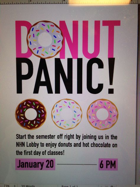 Donut Panic Program! Super successful on the first day of class! #RA College Club Recruitment Ideas, Resident Advisor Programs, Ra Floor Programs, Campus Activities Board Events, Hall Events For Ra, Program Ideas Ra, Ra Ideas Programming, College Program Ideas, Ra Programming Ideas