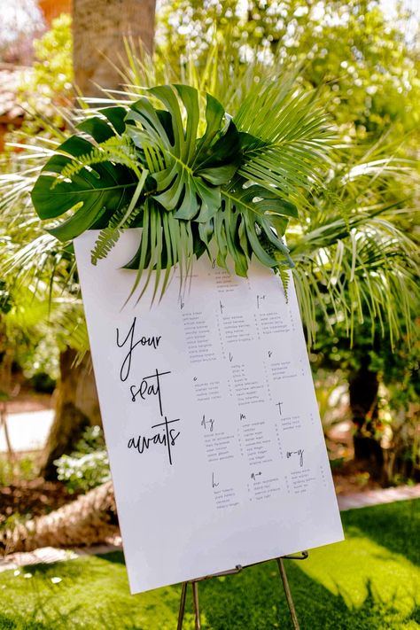 Aloha Wedding Theme, Hawaiian Inspired Wedding, Wedding Seating Chart Tropical, Tropical Wedding Lighting, Tropical Seating Chart Wedding, Tropical Welcome Sign Wedding, Tropical Wedding Seating Chart, Tropical Wedding Signage, Tropical Wedding Theme Elegant